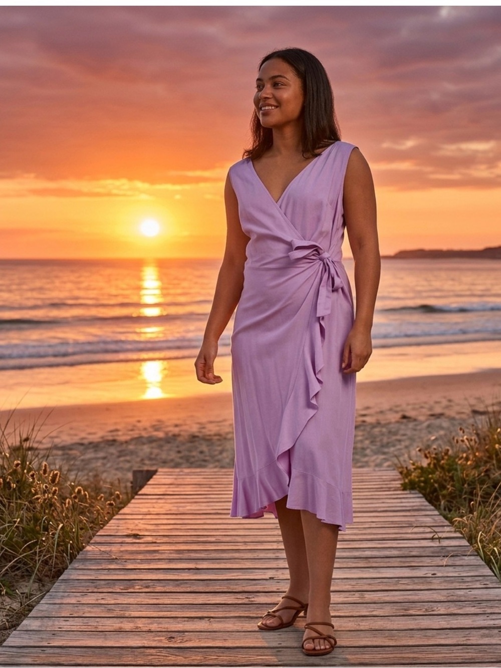 Lavender Wrap Midi Dress with Side Tie